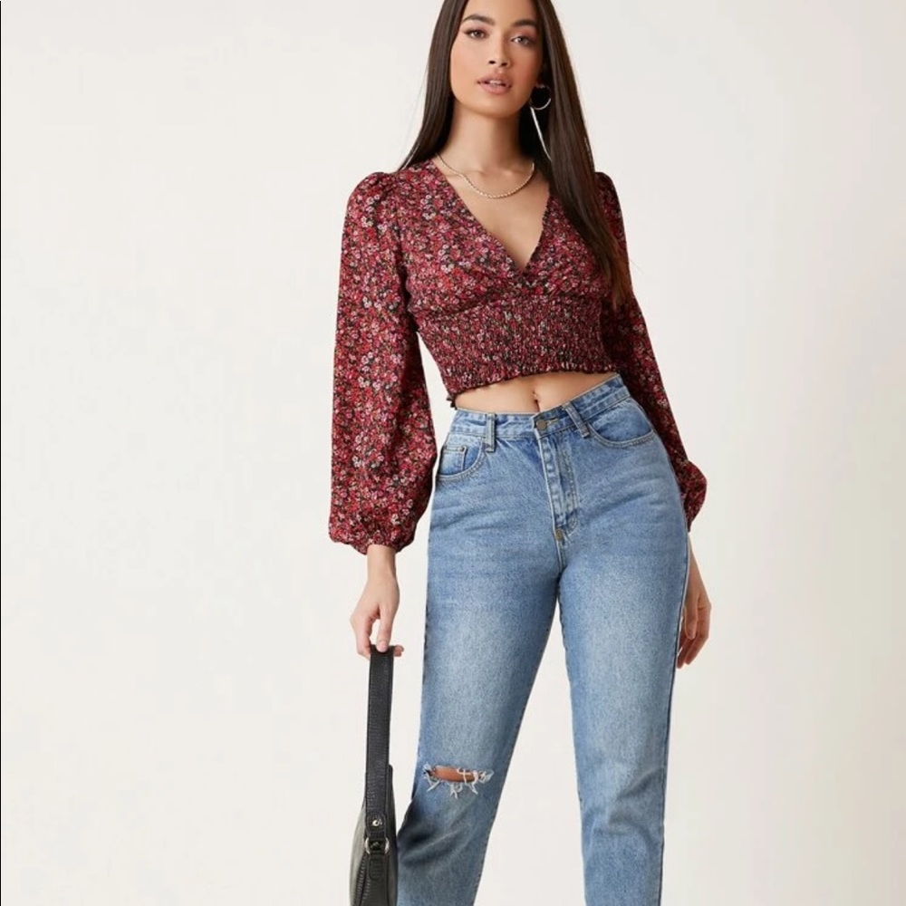 Shirred floral crop top boho gypsy print burgundy - Picture 3 of 3